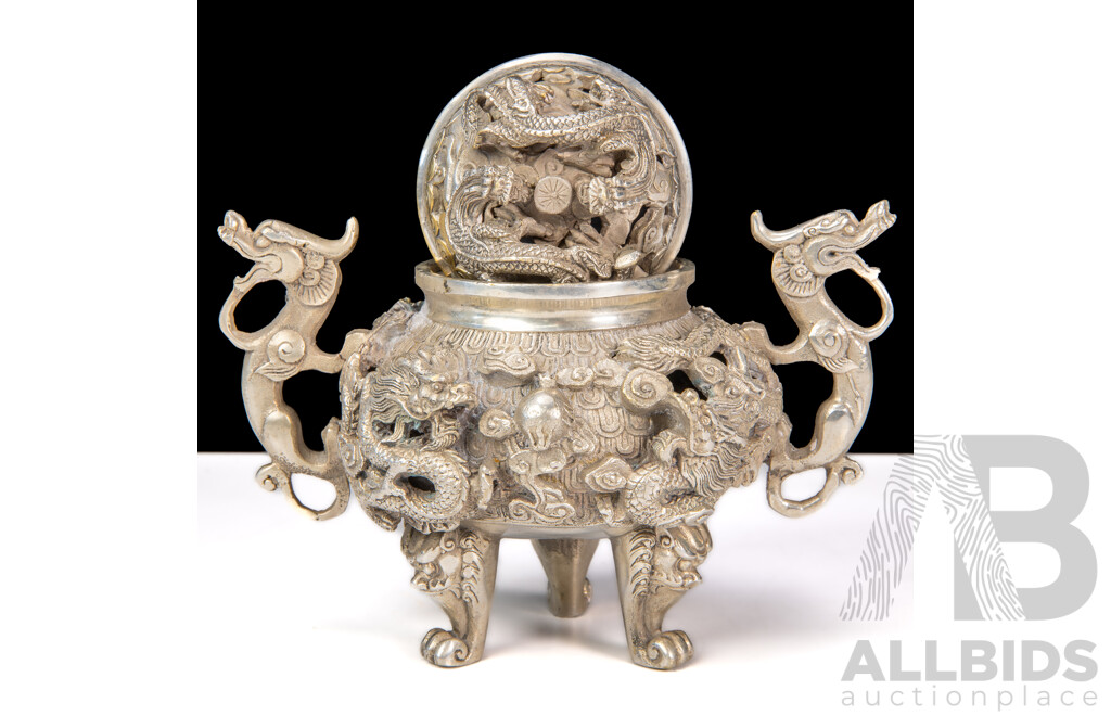Antique Da Ming Xuande Period Ming Dynasty Silver Metal Footed Incense Burner Censer