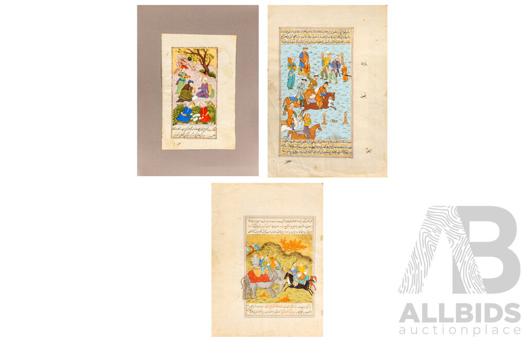 Pair of Antique Indo-Persian Miniature Gouache Paintings on Paper