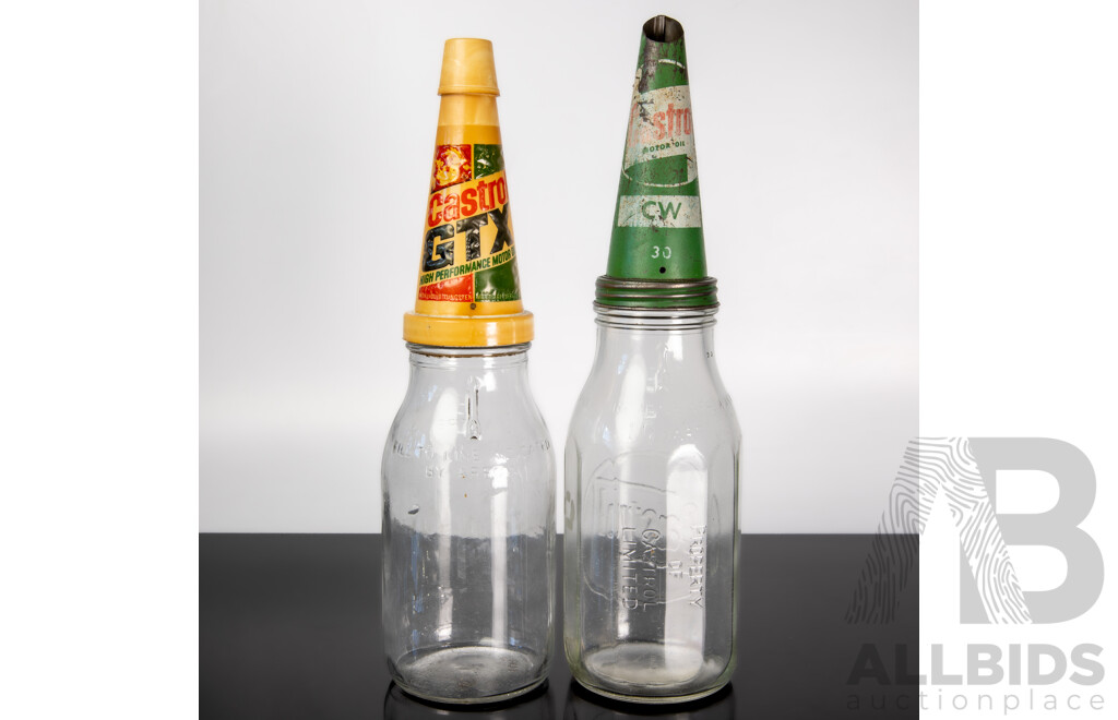 Pair of Vintage Castrol Oil Bottles with Pourers – 1 Litre & 1 Quart