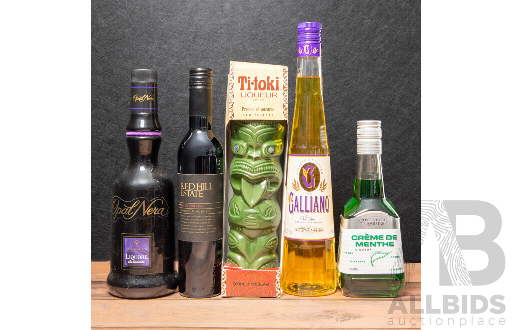 Mixed Spirits & Liqueurs Lot – Continental Crème De Menthe, Galliano, Opal Nera Sambuca, Red Hill Estate Rutherglen Muscat