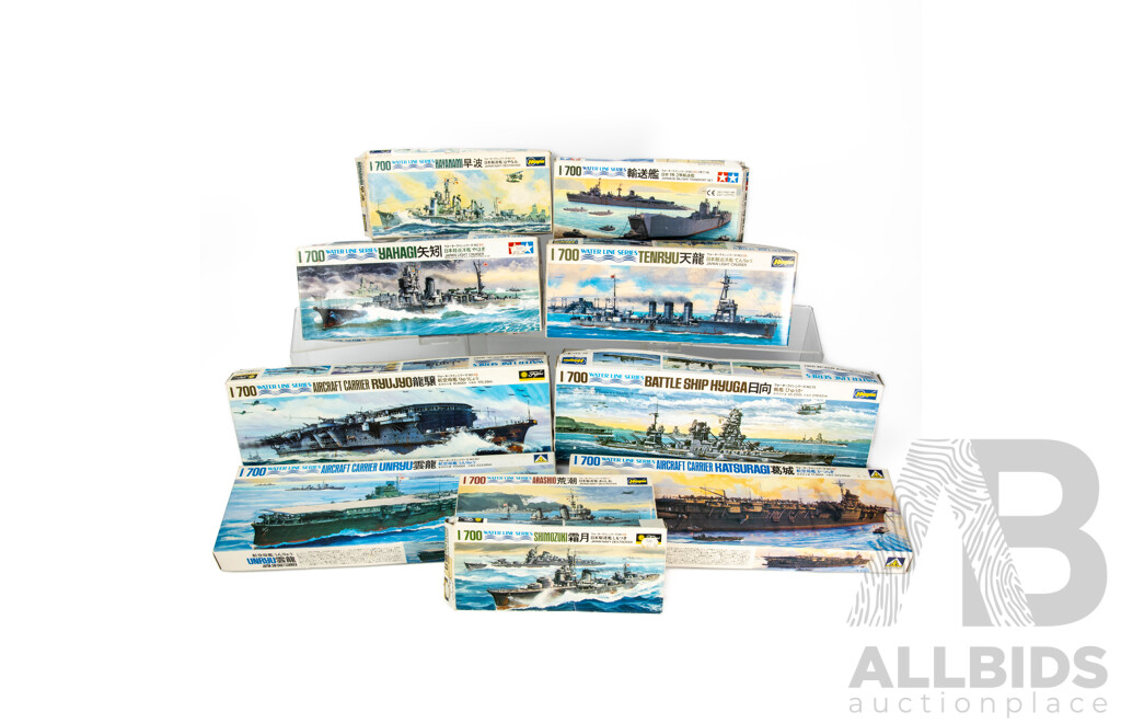 Lot of 10 Japanese 1/700 Waterline Series Ship Model Kits by Hasegawa and Aoshima