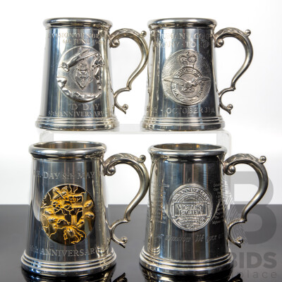 Set of Four Kirra Pewter Commemorative Tankards Including Battle of Britain, VE Day, VP Day and D-Day Editions