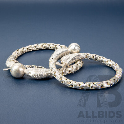 Pair of Antique Chinese/French Indochina Sterling Silver Double-Dragon Bracelets