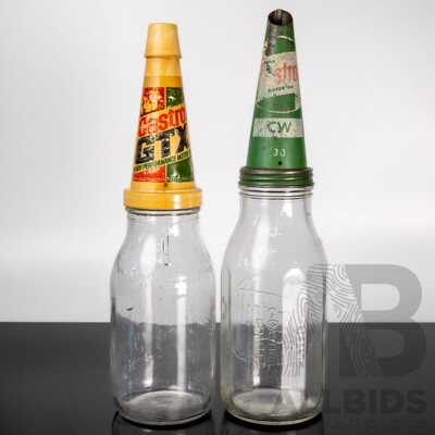 Pair of Vintage Castrol Oil Bottles with Pourers – 1 Litre & 1 Quart