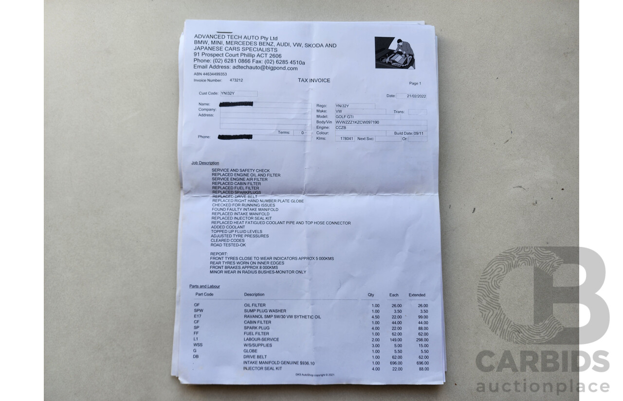 3/2012 Volkswagen Golf GTi 1K MY12 5d Hatchback White 2.0L