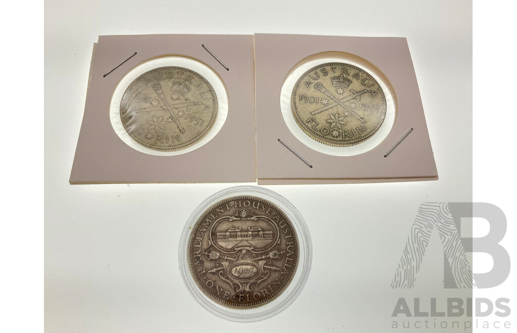 Three Australian Commemorative Silver Florins, 1927 Canberra and 1951 Federation(2)