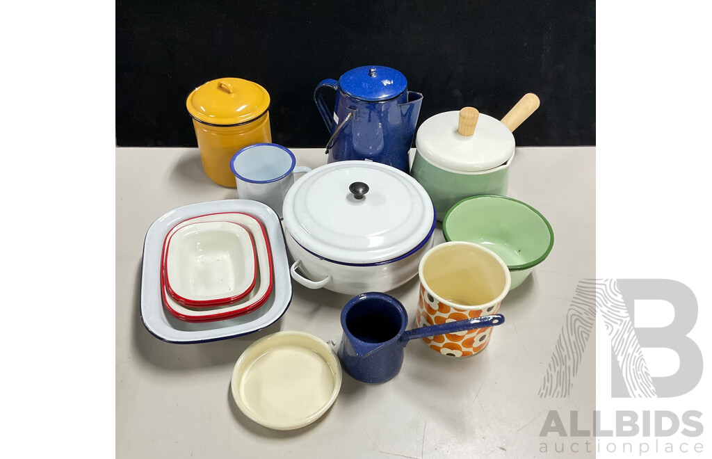 Collection of Enamel Ware Including Bowls, Cups and Saucers