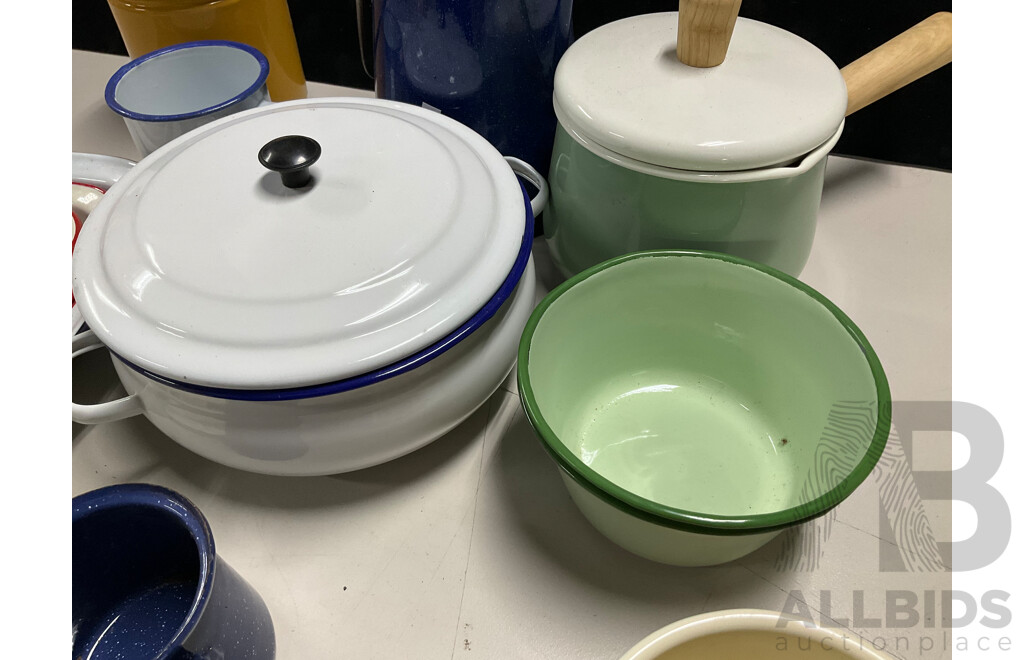 Collection of Enamel Ware Including Bowls, Cups and Saucers