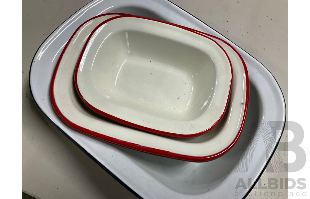 Collection of Enamel Ware Including Bowls, Cups and Saucers