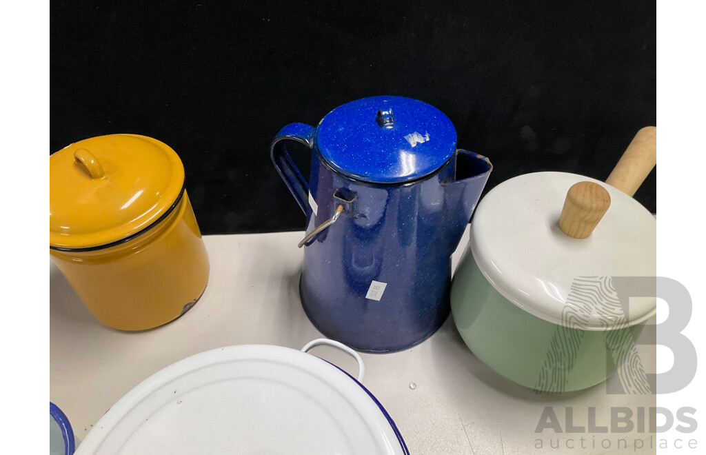 Collection of Enamel Ware Including Bowls, Cups and Saucers