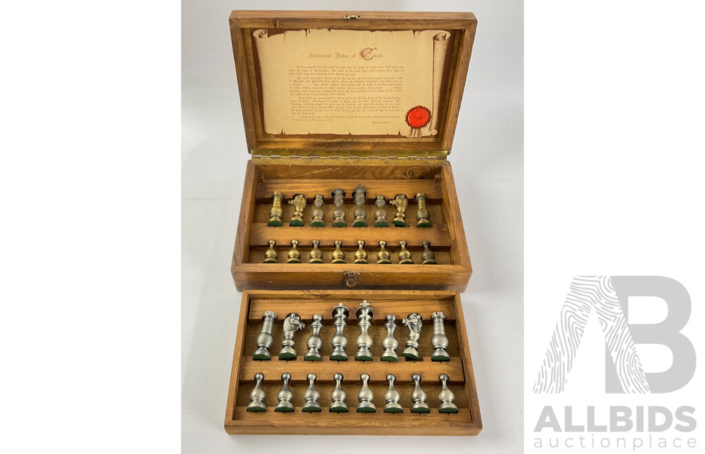 Vintage Brass and Alloy Chess Set in Oak Case