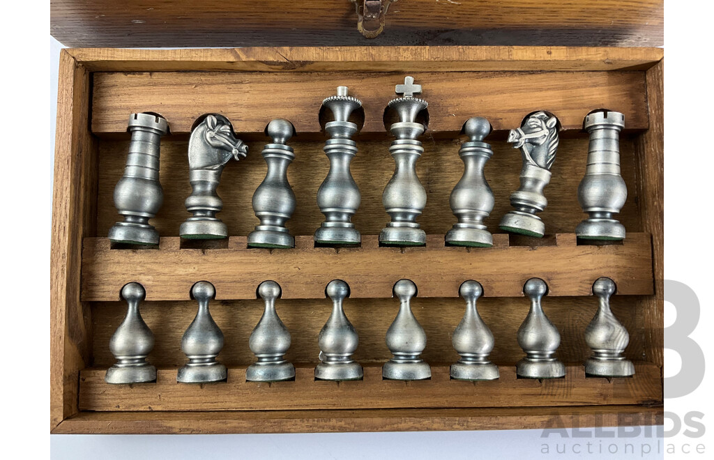 Vintage Brass and Alloy Chess Set in Oak Case