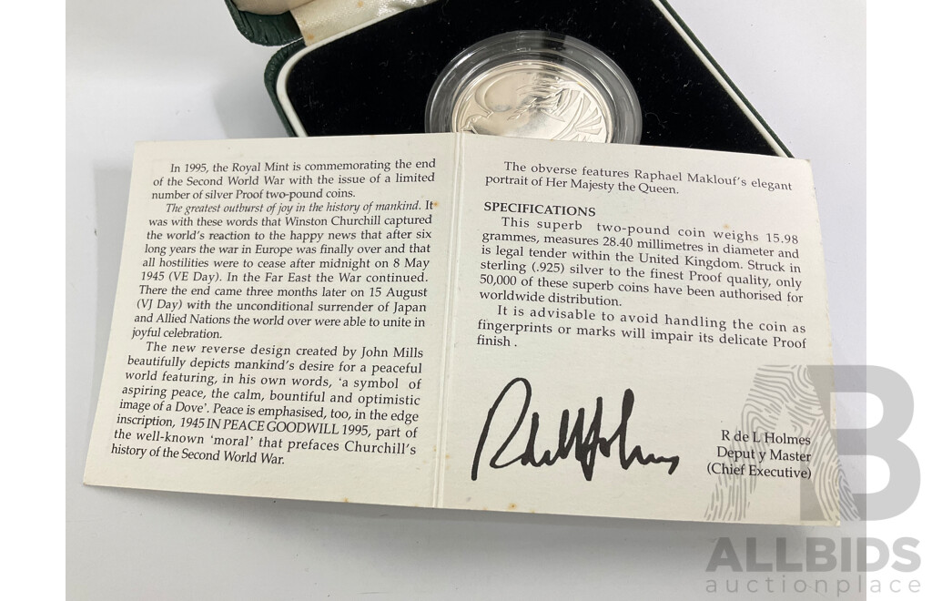United Kingdom Royal Mint 1995 Silver Proof Two Pound Coin, Commemorating End of World War Two .925