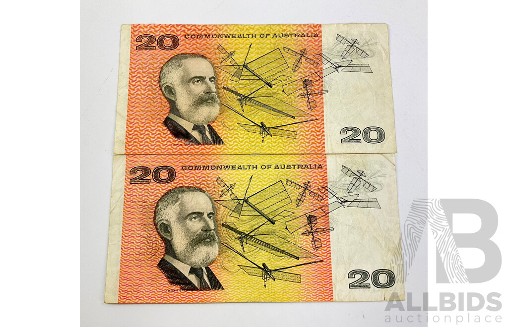 Two Australian 1972 Twenty Dollar Notes, Phillips/Wheeler R404
