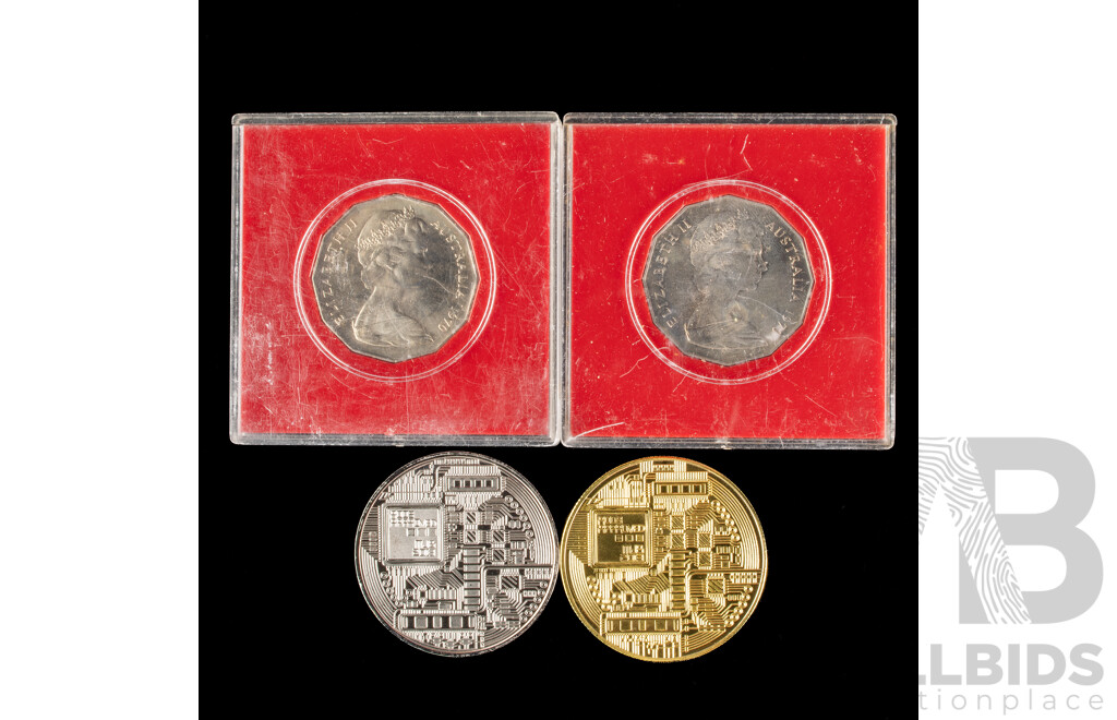 Two Australian 1970 UNC Fifty Cents, Captain Cook with Gold and Silver Tone Bitcoin Coins