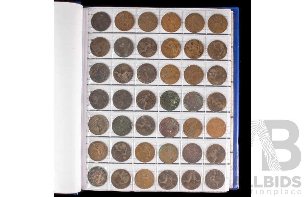 Album of United Kingdom, New Zealand and USA Coins Including Commemorative Crowns, Pennies, Half Pennies, Sixpence, Shillings, Two Shillings, New-Pence, One Pound, QV to QE2, Dimes, Quarters,