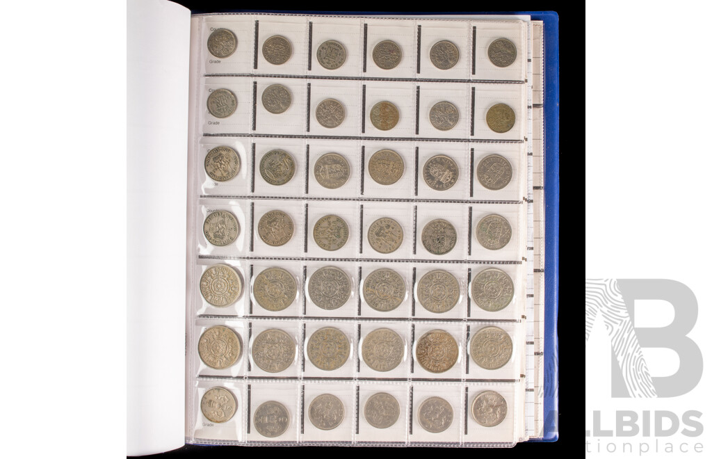 Album of United Kingdom, New Zealand and USA Coins Including Commemorative Crowns, Pennies, Half Pennies, Sixpence, Shillings, Two Shillings, New-Pence, One Pound, QV to QE2, Dimes, Quarters,