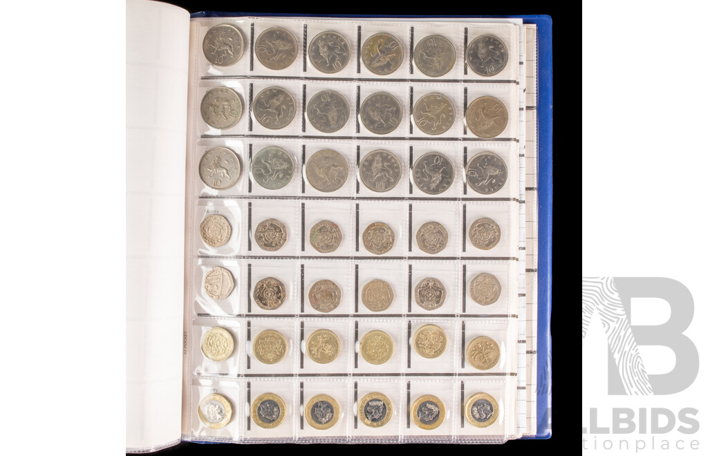 Album of United Kingdom, New Zealand and USA Coins Including Commemorative Crowns, Pennies, Half Pennies, Sixpence, Shillings, Two Shillings, New-Pence, One Pound, QV to QE2, Dimes, Quarters,