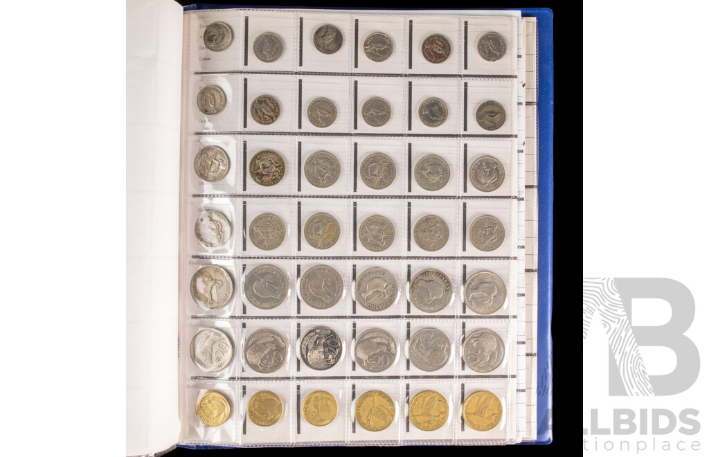 Album of United Kingdom, New Zealand and USA Coins Including Commemorative Crowns, Pennies, Half Pennies, Sixpence, Shillings, Two Shillings, New-Pence, One Pound, QV to QE2, Dimes, Quarters,