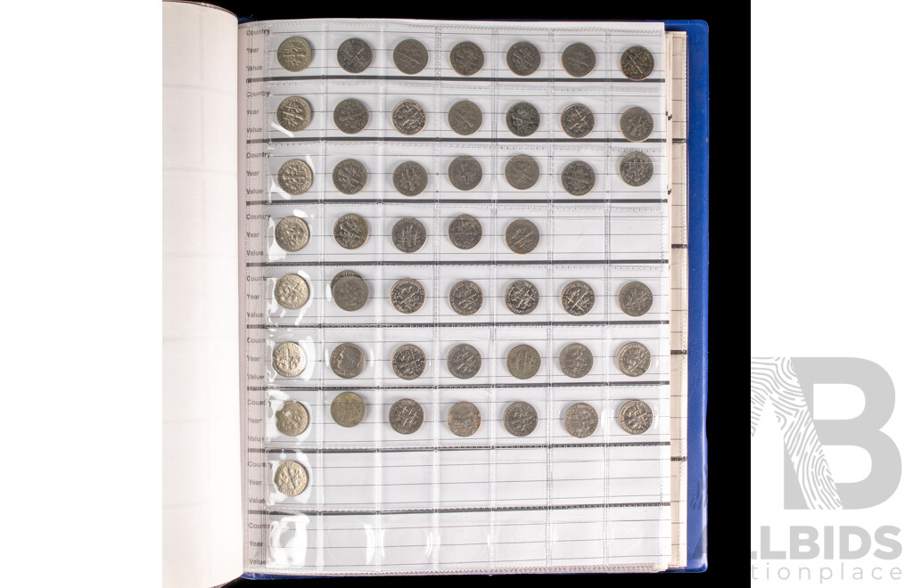 Album of United Kingdom, New Zealand and USA Coins Including Commemorative Crowns, Pennies, Half Pennies, Sixpence, Shillings, Two Shillings, New-Pence, One Pound, QV to QE2, Dimes, Quarters,