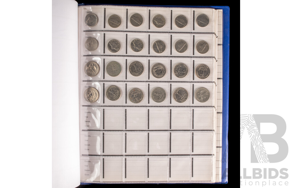 Album of United Kingdom, New Zealand and USA Coins Including Commemorative Crowns, Pennies, Half Pennies, Sixpence, Shillings, Two Shillings, New-Pence, One Pound, QV to QE2, Dimes, Quarters,