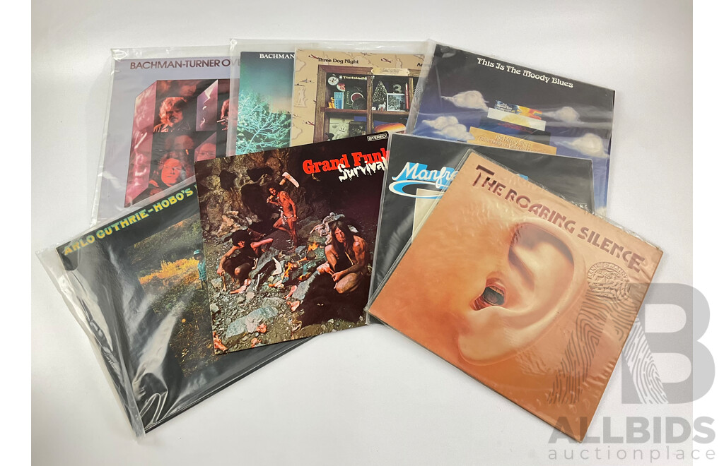 Eight 1970's Vinyl LP Records Including Bachman Turner Overdrive, Grand Funk Railroad, Arlo Guthrie, Manfred Mann, Moody Blues, Three Dog Night