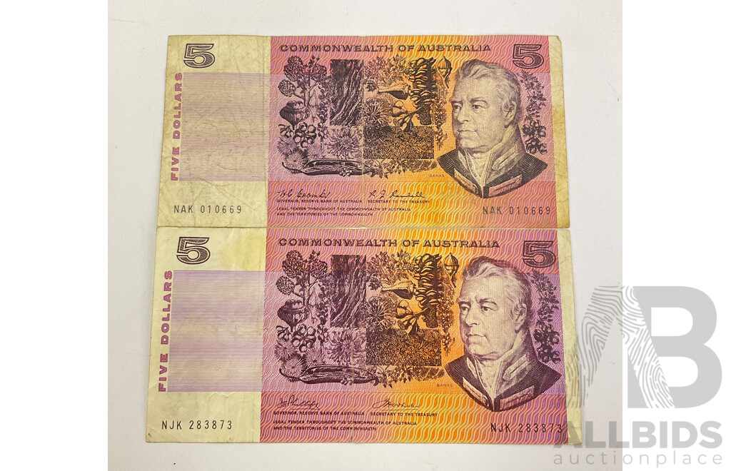 Australian 1967 and 1972 Five Dollar Notes, Coombs/Randall, R202, Phillips/Wheeler, R204
