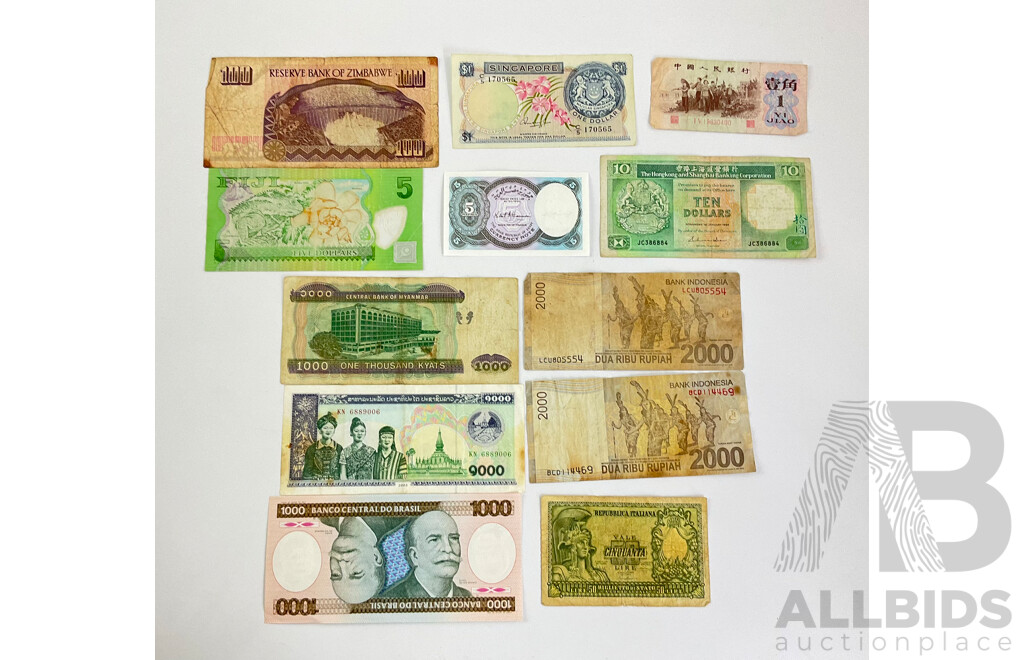 Collection of International Bank Notes, Including Fiji, Egypt, Zimbabwe, Singapore, Myanmar, Italy, Indonesia, Hong Kong, Brazil