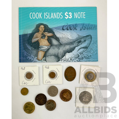 Australian Coins Including 2001 Fifty Cent Federation, Two 1968 One Cents, Ferry Token, UK 1898 One Penny Machined Hollow, Twenty Cent with Melt Mark, 1938 Flat World Fair Penny and Cook Islands Three Dollar Note