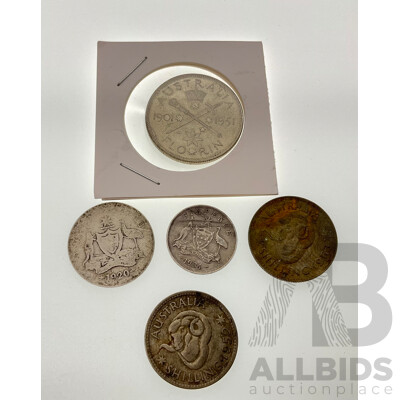 Australian Silver Predecimal Coins Including 1951 Florin, 1920, 1952, 1963 Shillings 1934 Sixpence