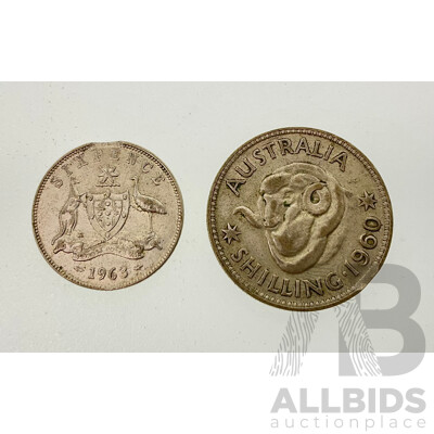 Australian Silver 1960 Shilling and 1963 Sixpence, Both with Planchet Flaws