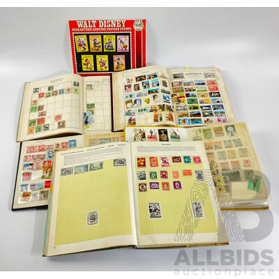 Five Vintage International Stamp Albums, Globe, Centenary Including Australian Predecimal, China, USA, India, Fiji, Belgium, Austria, Argentina, Japan, Holland, Germany, Overprints and More
