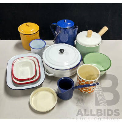 Collection of Enamel Ware Including Bowls, Cups and Saucers