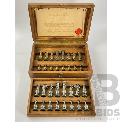 Vintage Brass and Alloy Chess Set in Oak Case