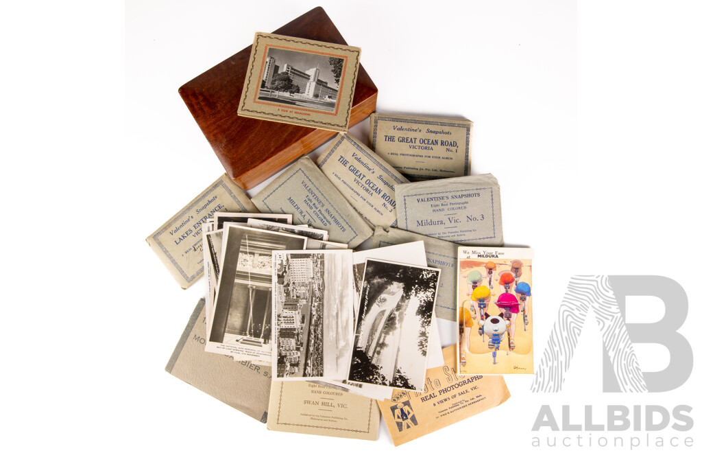 Collection Vintage B & W Snapshots of Australian Scenes Including Mildura, Sale, Swan Hill and More, All in Eucalyptus Wood Box