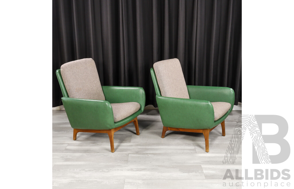 Pair of Retro Vinyl Upholstered Lounge Chairs with Later Cushions