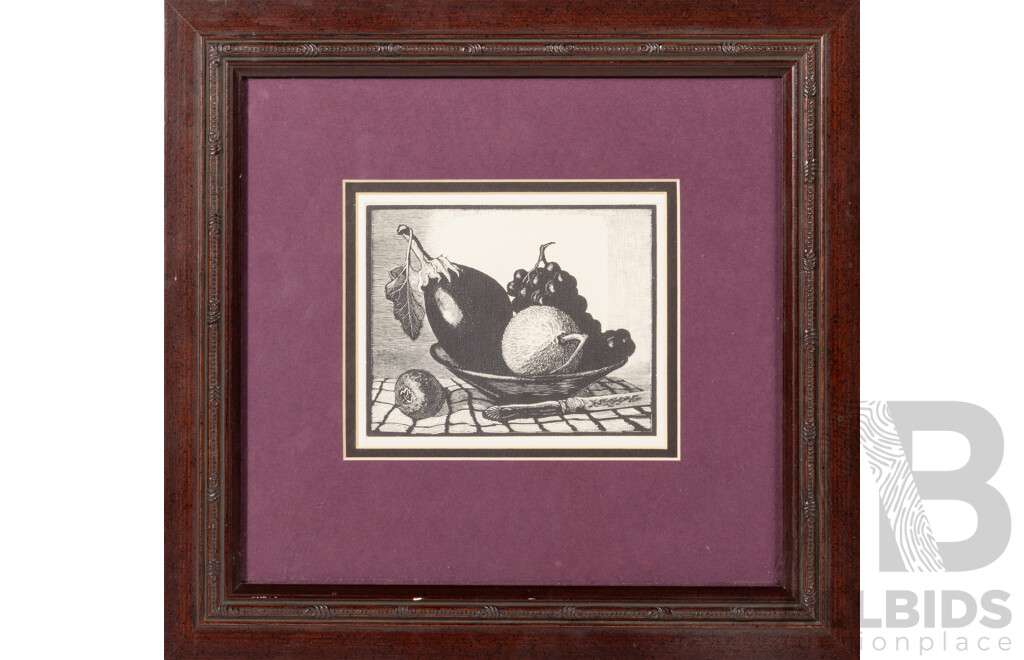 Lionel Lindsay, (19/20th Centuries, Australian, 1874-1961), Melon & Aubergine, Quite Lovely Vintage Print After Original Wood Engraving From 1936, 30 x 32 cm (frame)