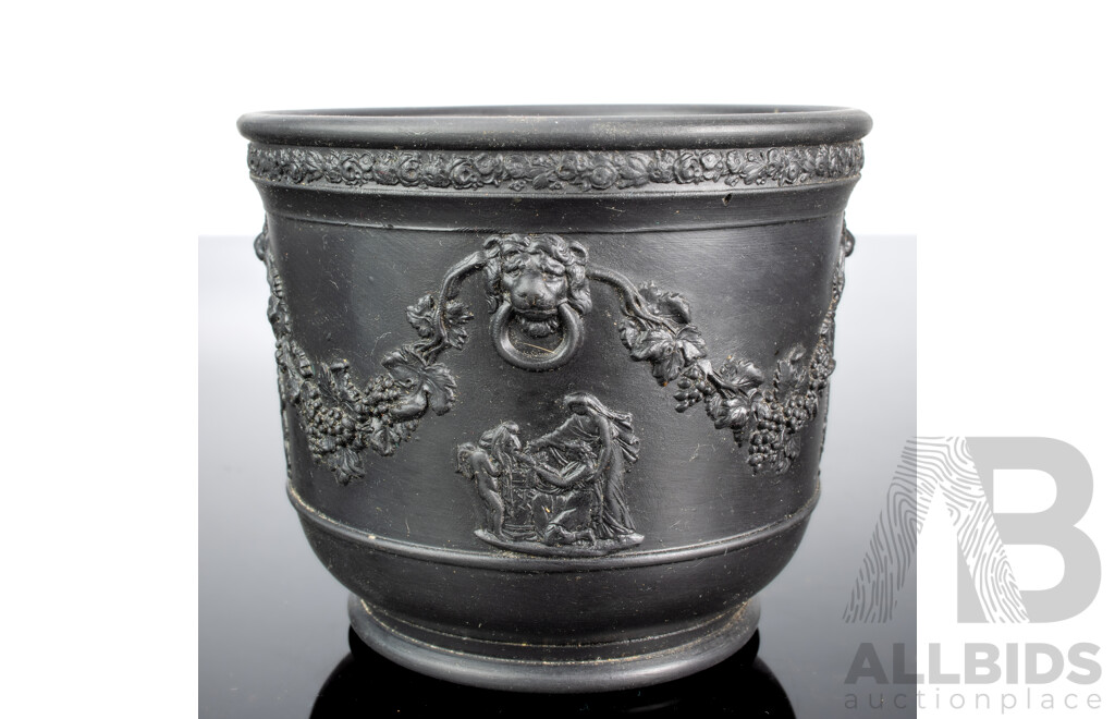 Antique Wedgwood Black Basalt Neo Classical Jardiniere Along with Two Other Wedgwood Black Basalt Pieces