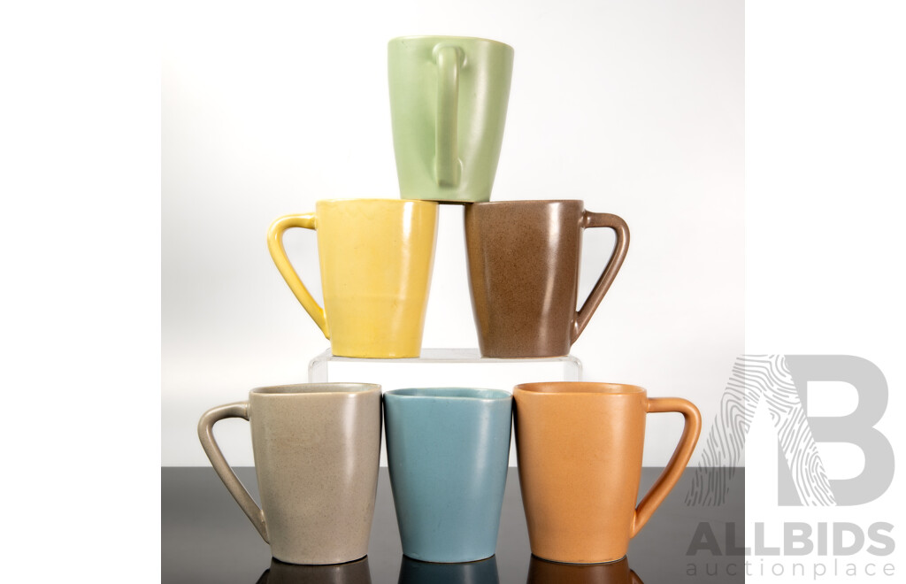 Nice Set Six Australian Guy Boyd Pottery Harlequin Coloured Mugs