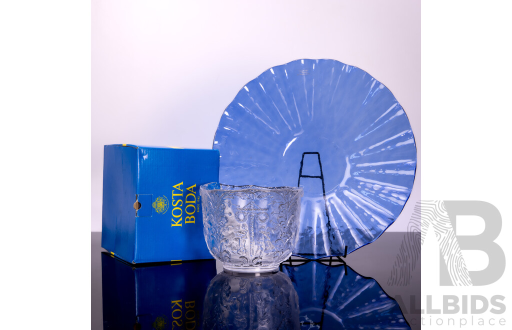 Mid Century Kosta Boda Glass Bowl by Kjell Engman in Original Bow Along with Blue Glass Dish with Ruffled Rim
