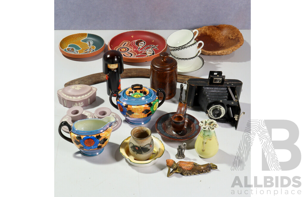 Interesting Collection Including Indigenous Australian Wooden Boomerang, Malle Burl Bowl by Merv Bailey, Three Pieces Wedgwood Jasperware and More