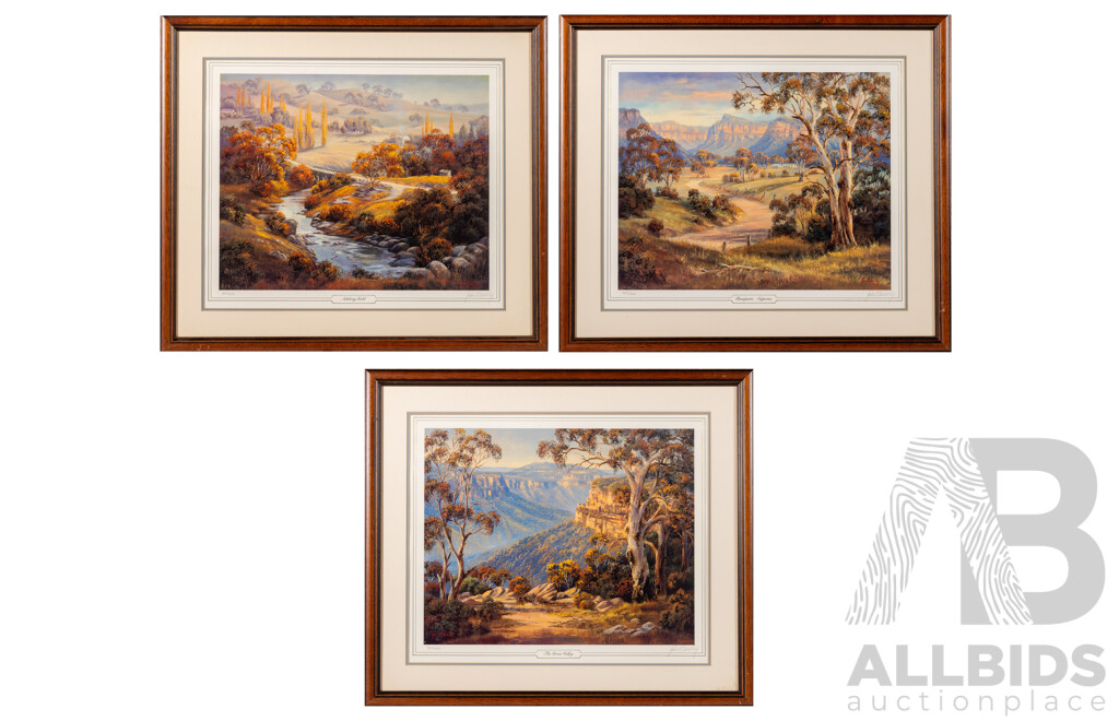 John Bradley, (20th Century, Australian, 1945-) Ramparts - Capertree, The Grose Valley & Adelong Gold, Trio of Limited Edition & Signed Reproduction Colour Prints of Original Oils, 57 x 65 cm (frame) (3)