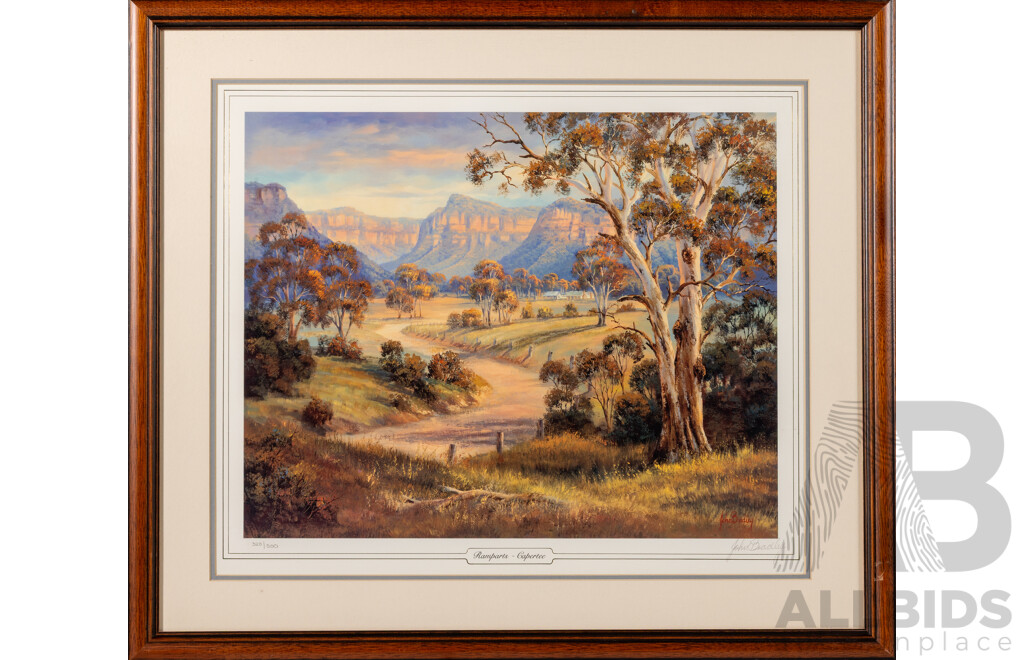 John Bradley, (20th Century, Australian, 1945-) Ramparts - Capertree, The Grose Valley & Adelong Gold, Trio of Limited Edition & Signed Reproduction Colour Prints of Original Oils, 57 x 65 cm (frame) (3)