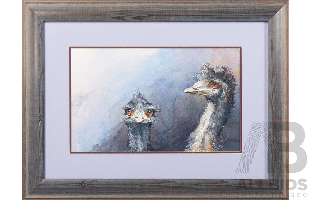 (Possibly) Ludmila Hawkins, (20th Century), Emu Catch Up (1997), Wonderful Original Watercolour, 57 x 76 cm (frame)