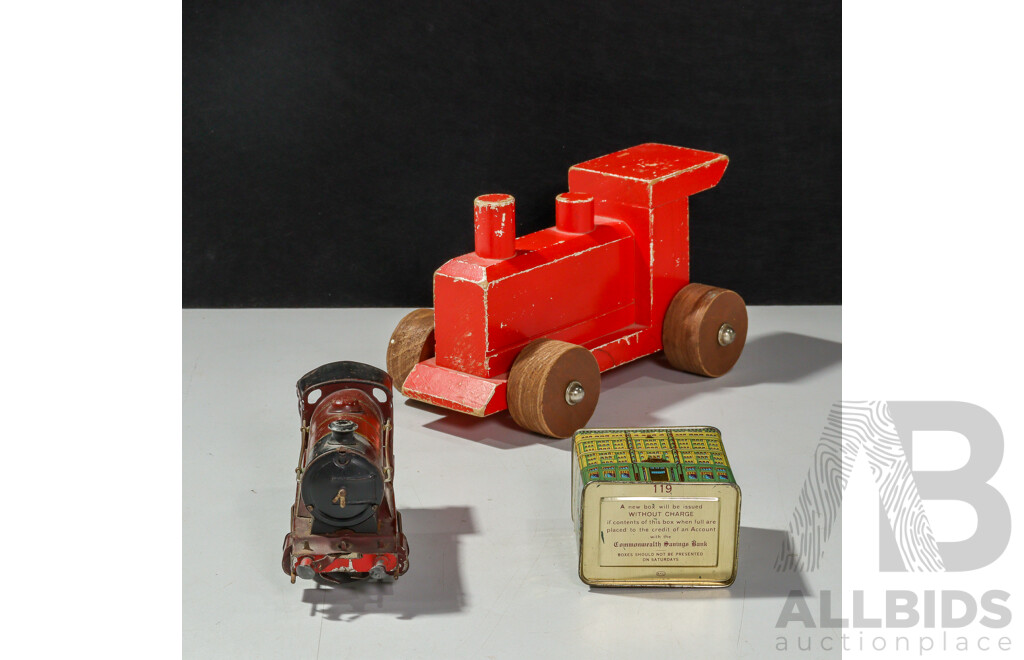 Vintage Hornby OO Gauge Clockwork Steam Locomotive, Timber Toy Steam Locomotive and Vintage Commonwealth Bank Money Tin