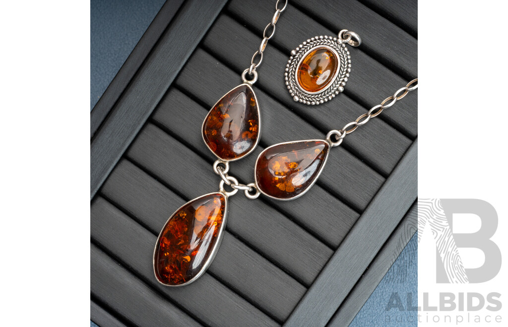 Sterling Silver Amber Drop Pendant Cabochon Necklace & Ornate SS Amber Pendant, 29.30 Grams