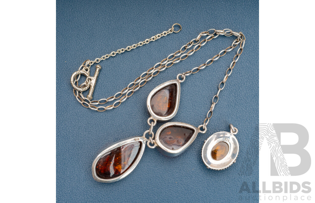 Sterling Silver Amber Drop Pendant Cabochon Necklace & Ornate SS Amber Pendant, 29.30 Grams