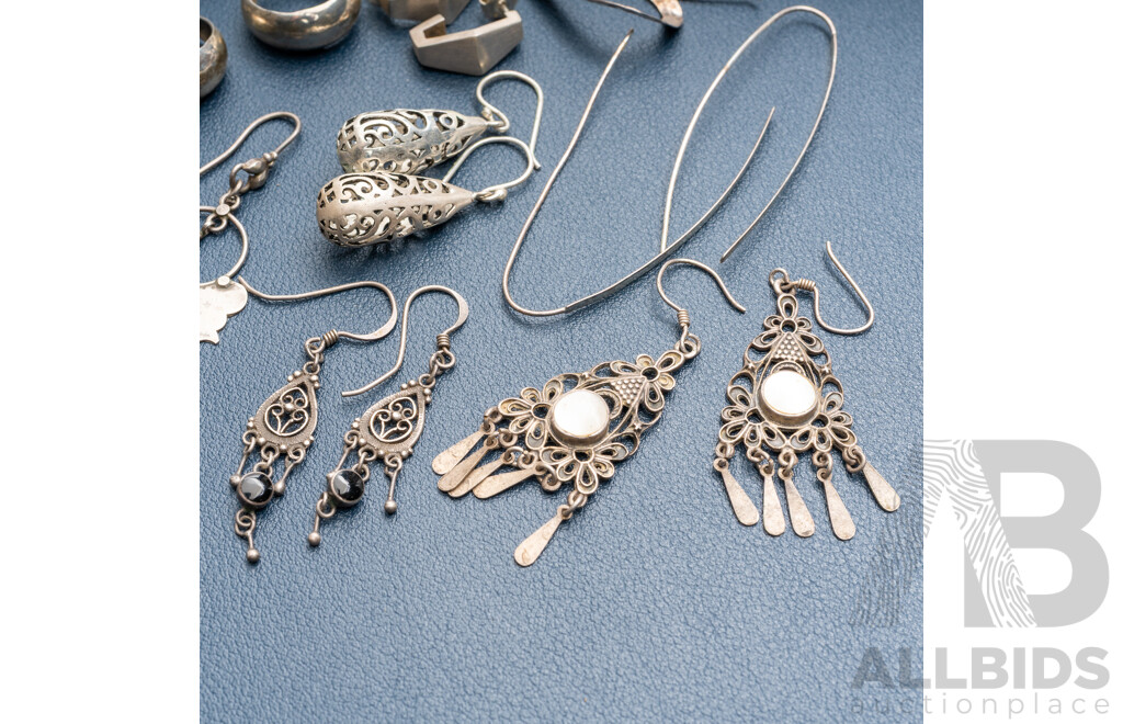 Vintage (10) Pairs of Sterling Silver Drop Earrings in Various Designs, Including Murano Glass & Amethyst, 39.67 Grams