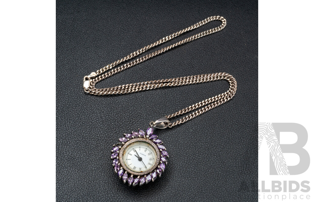 Vintage Sterling Silver Amethyst 22mm Watch Pendant on 50cm Chain, 29.32 Grams