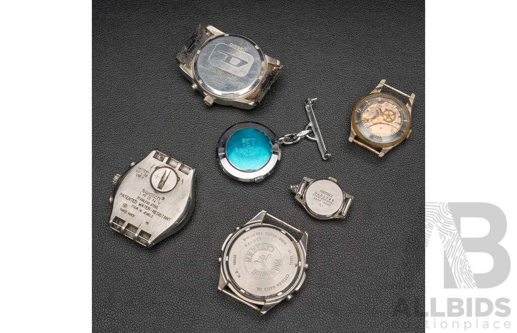 Collection of (6) Watches (missing Bands) Including Swatch, Seiko, Citizen, Diesel, Basis & Oris Nurses Watch